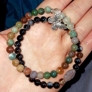 Agate Fluorite Butterfly charm gemstone 6mm bead bracelet set